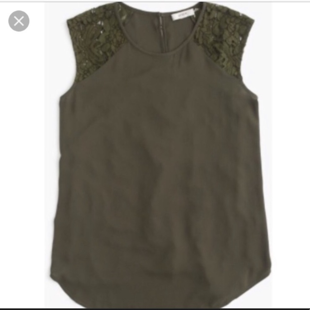 J. Crew Olive Green Silky Tank with Lace Shoulders